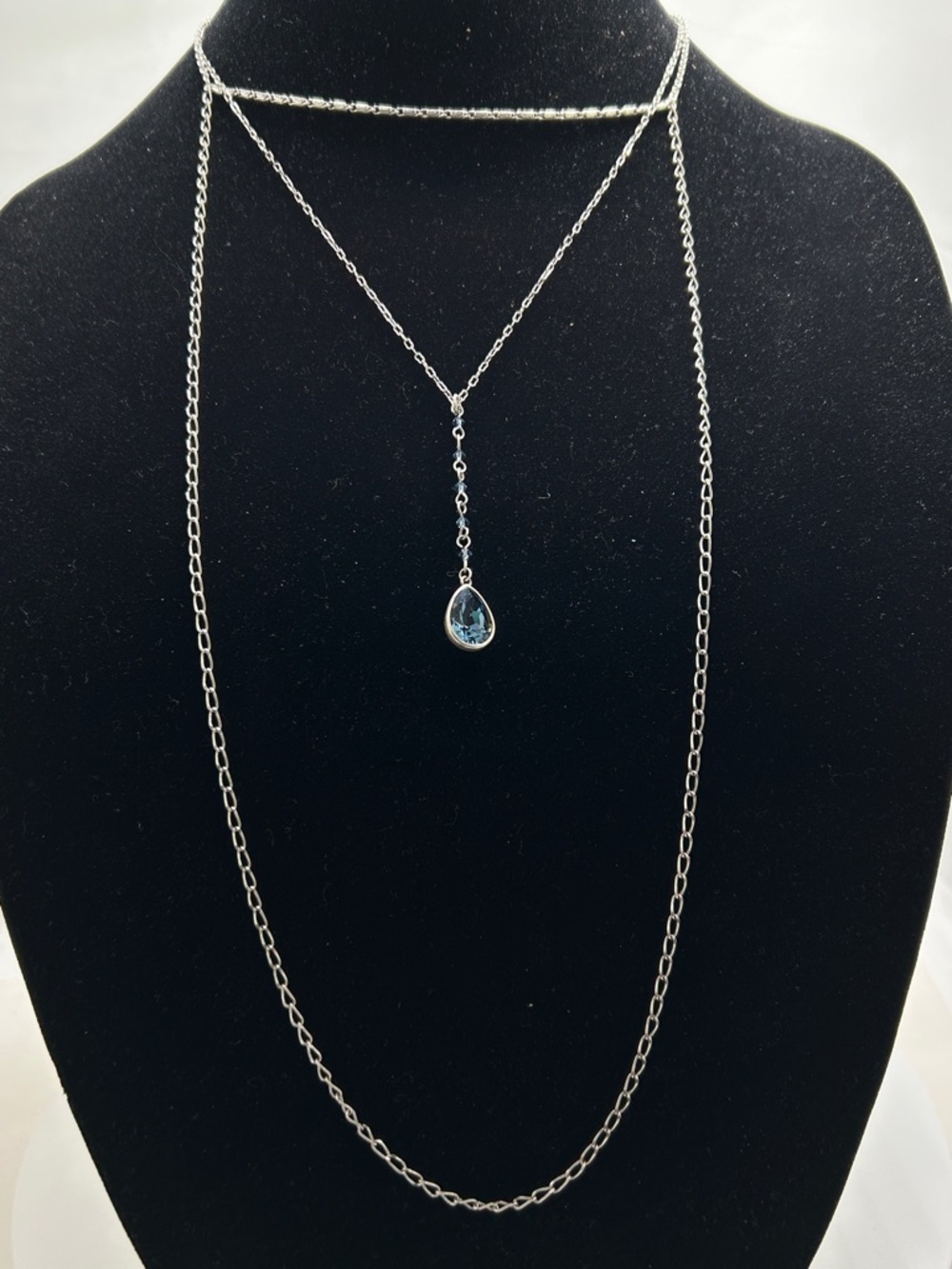 Touchstone Crystal, Long Layered Silver Drop Necklace Blue Swarovski Crystal